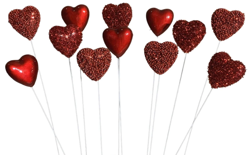 Glittered 18" Wired Puffy Hearts Picks 3 Asst.  (12 Count)