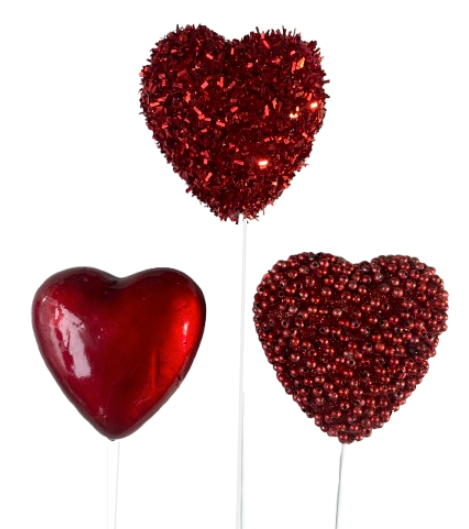 Glittered 18" Wired Puffy Hearts Picks 3 Asst.  (12 Count)