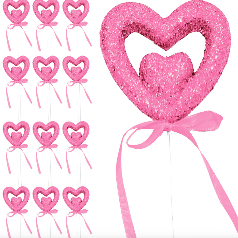 Glitter Double Heart 16" Arrangement Picks-  12 Pcs Pink