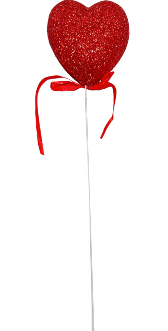 16" Glitter Heart Bow Arrangement Pick - 6 Pieces - Red
