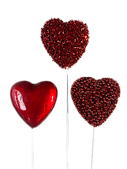 Glittered 18" Wired Puffy Hearts Picks 3 Asst.  (12 Count)