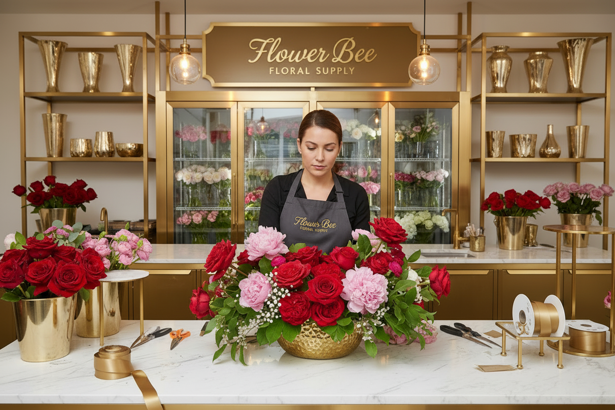 add a sign in the background above the designer with the store name 'Flower Bee Floral Supply".